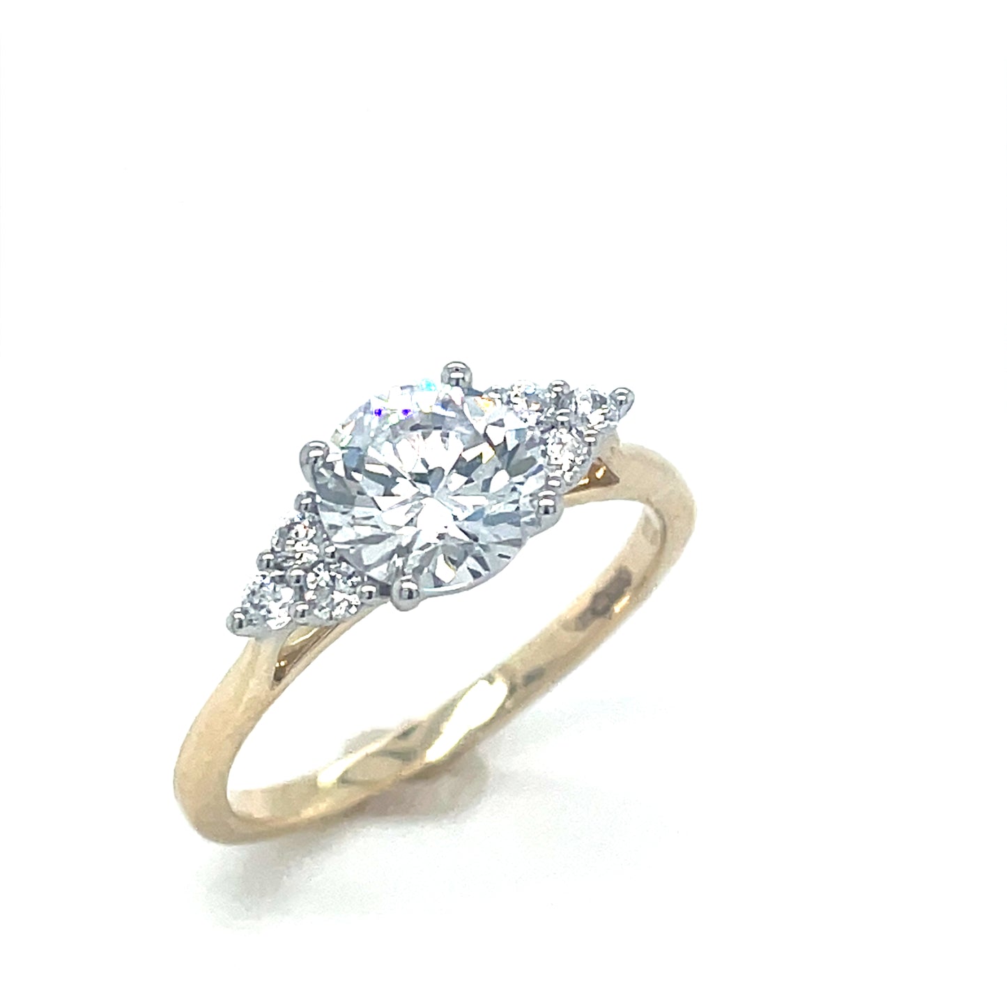 9ct Yellow Gold Round CZ Ring with Three Stone CZ Shoulders