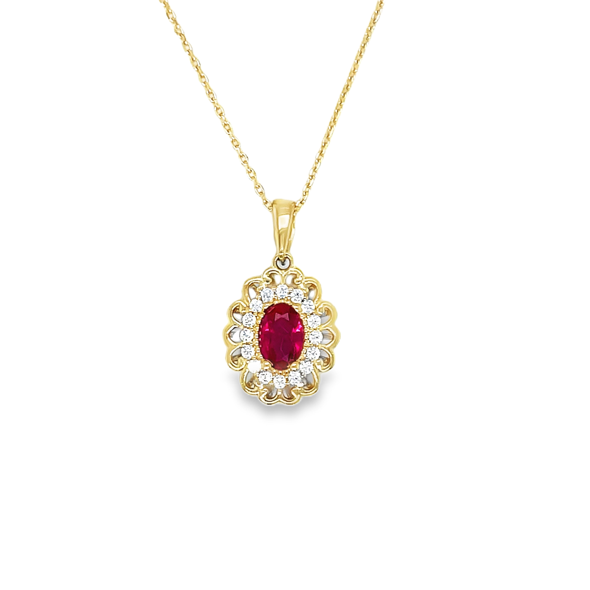 9ct Yellow Gold Oval Red CZ Halo Flower Cluster Pendant