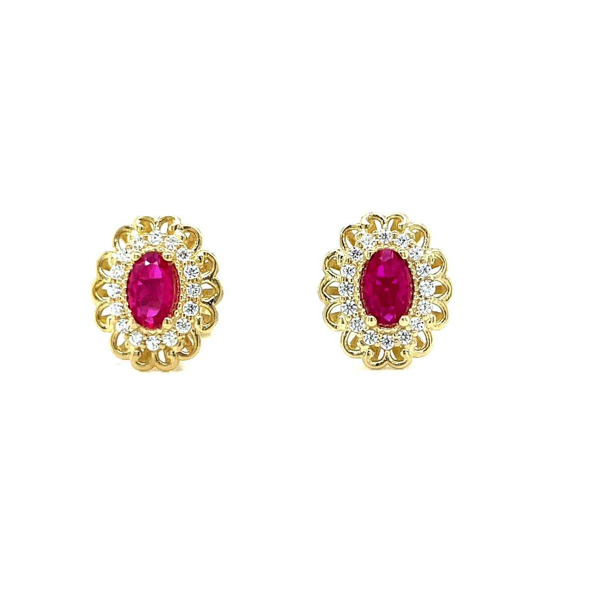 9ct Yellow Gold Red CZ Halo Flower Cluster Earrings