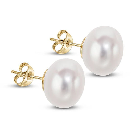 9ct Yellow Gold Freshwater Button Pearl Stud Earrings 11mm