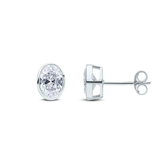 9ct White Gold Oval Cubic Zirconia CZ Rubover Stud Earrings 7x5mm