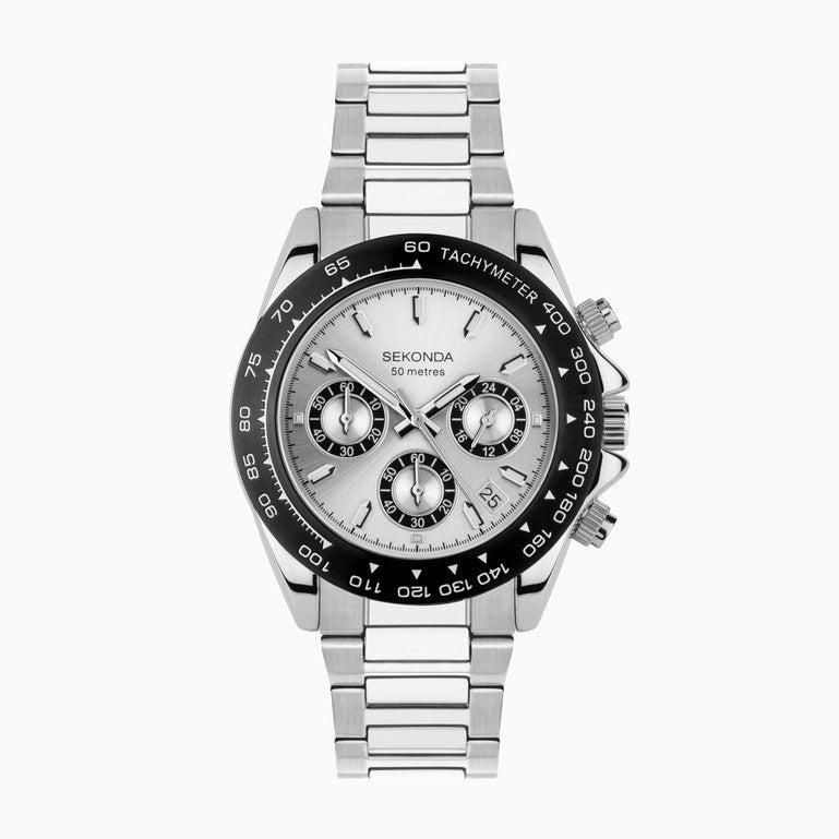 Gents Stainless Steel Sekonda Chronograph Watch With Black Bezel