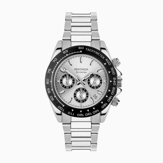 Gents Stainless Steel Sekonda Chronograph Watch With Black Bezel
