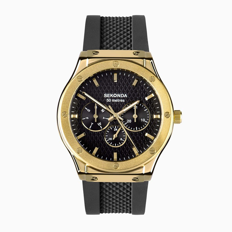 Gents Rolled Gold Sekonda Tiatn Chronograph With Black Strap Watch