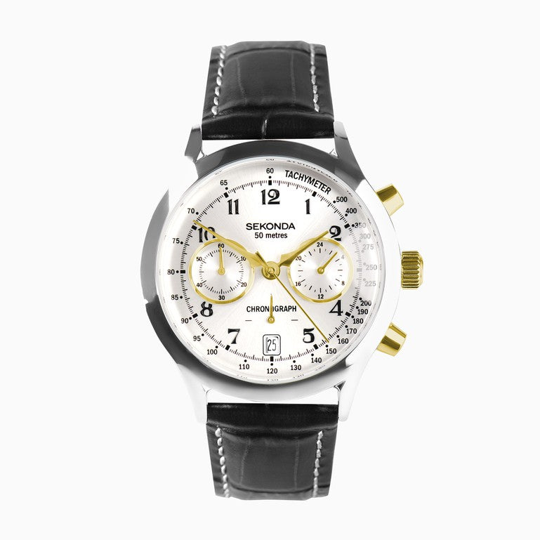 Gents Stainless Steel Sekonda Archer Chronograph With Rolled Gold Buttons & Hands