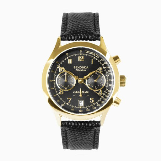 Gents Rolled Gold Sekonda Archer Black Dial Chronograph