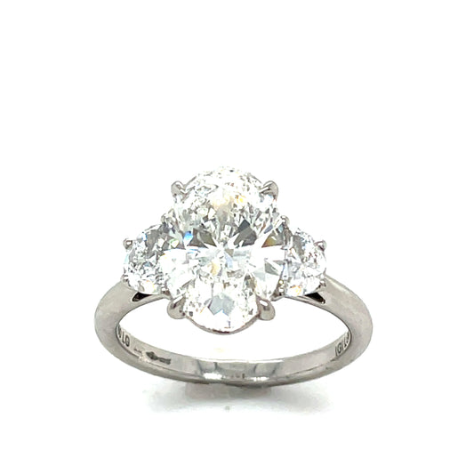 Platinum Three Stone Oval and Demilune Shoulder Cultured Diamond Ring 3.52ct
