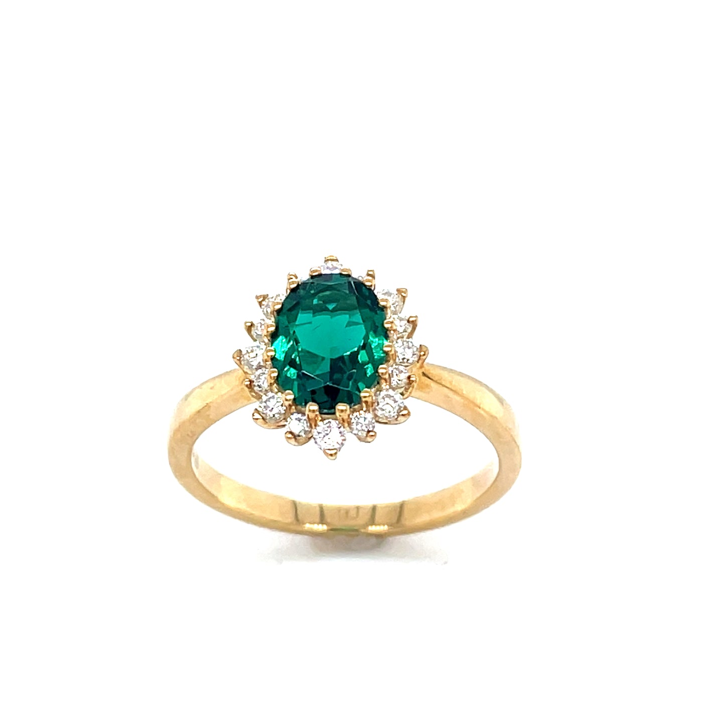 9ct Yellow Gold Oval Solitaire Emerald Ring with Diamond Set Halo 1.00ct