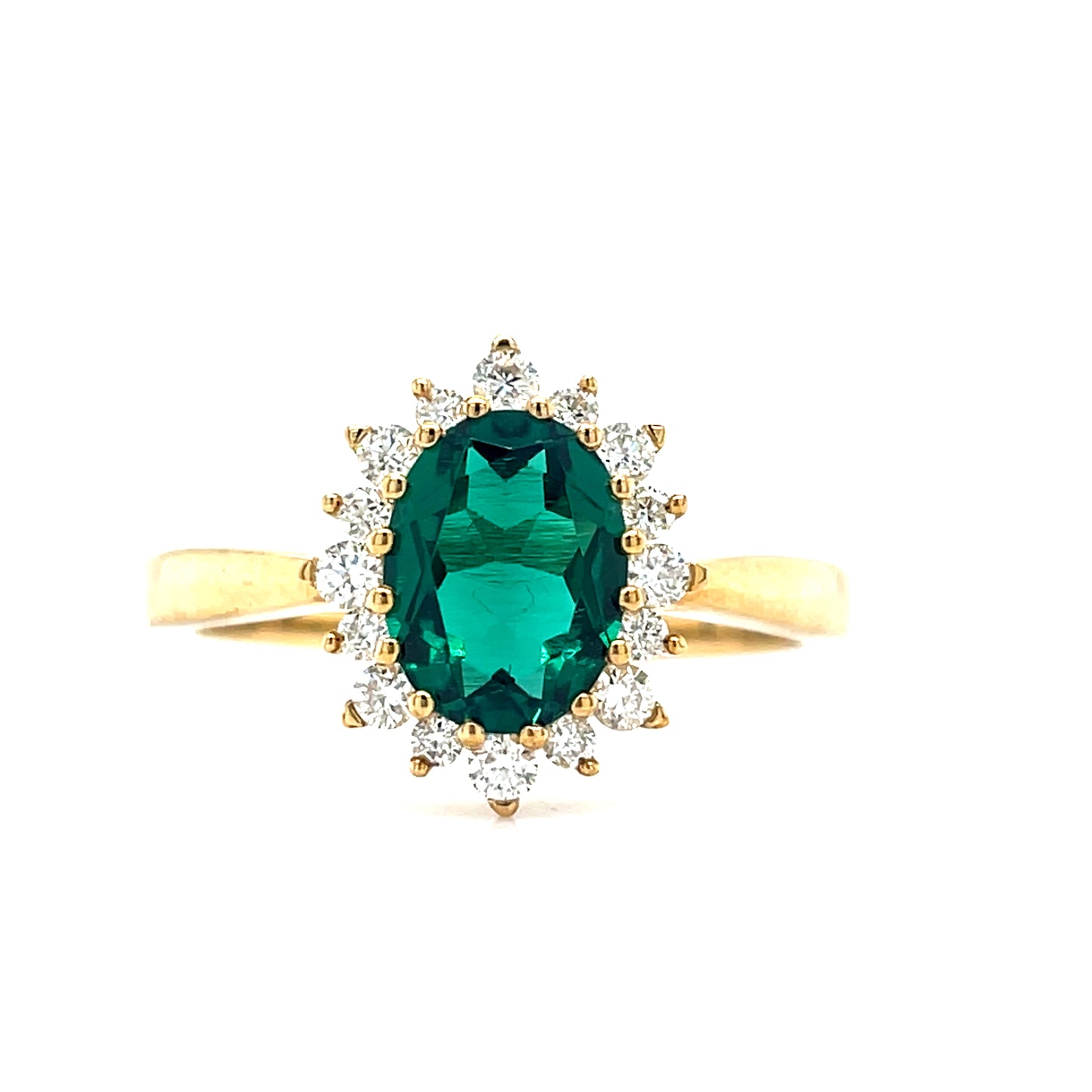 9ct Yellow Gold Oval Solitaire Emerald Ring with Diamond Set Halo 1.00ct