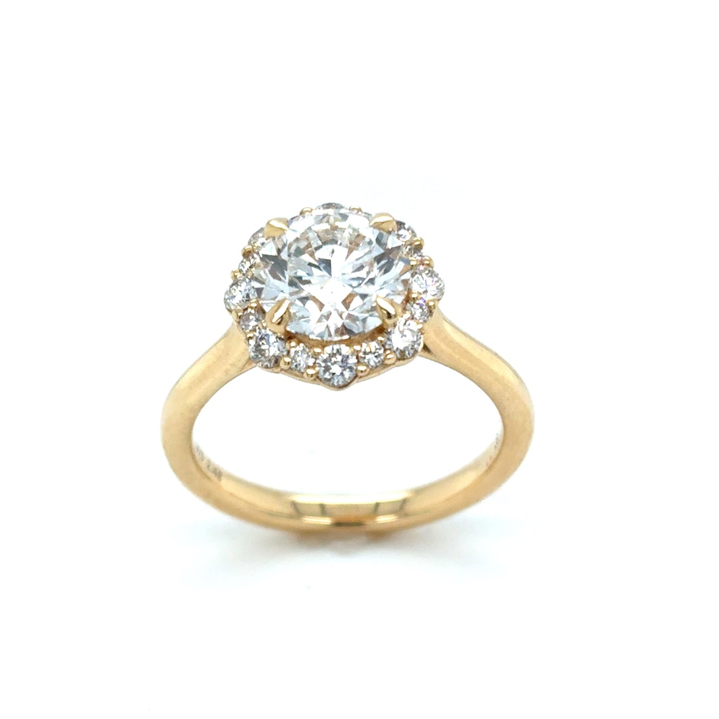 9ct Yellow Gold Round Brilliant Solitaire Diamond Ring with Fancy Diamond Set Halo 2.48ct
