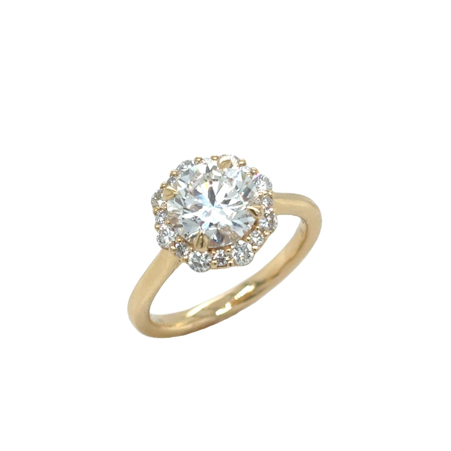9ct Yellow Gold Round Brilliant Solitaire Diamond Ring with Fancy Diamond Set Halo 2.48ct
