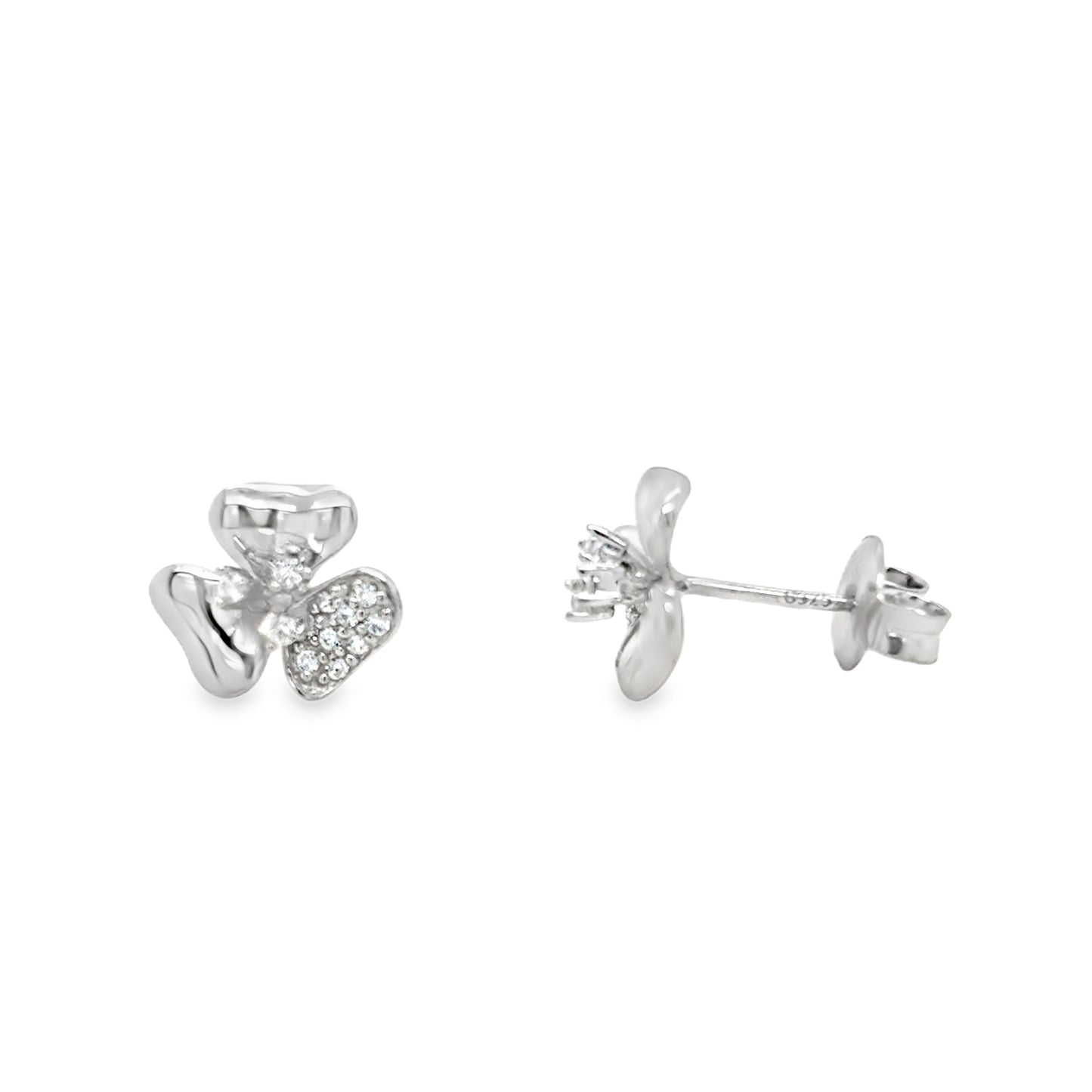 Sterling Silver Pave CZ and Polished Flower Earrings