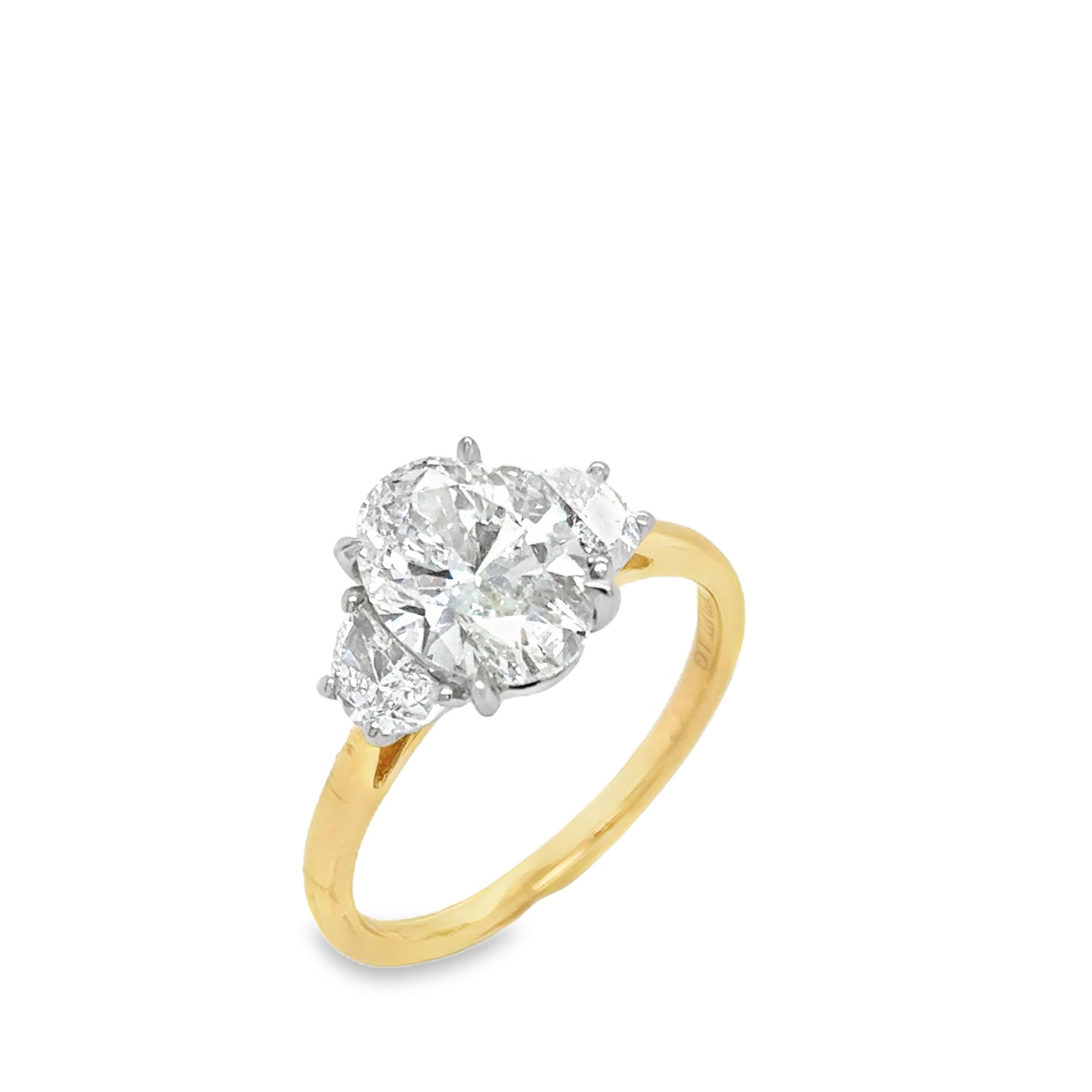 18ct Yellow Gold Three Stone Oval and Demilune Shoulder Cultured Diamond Ring