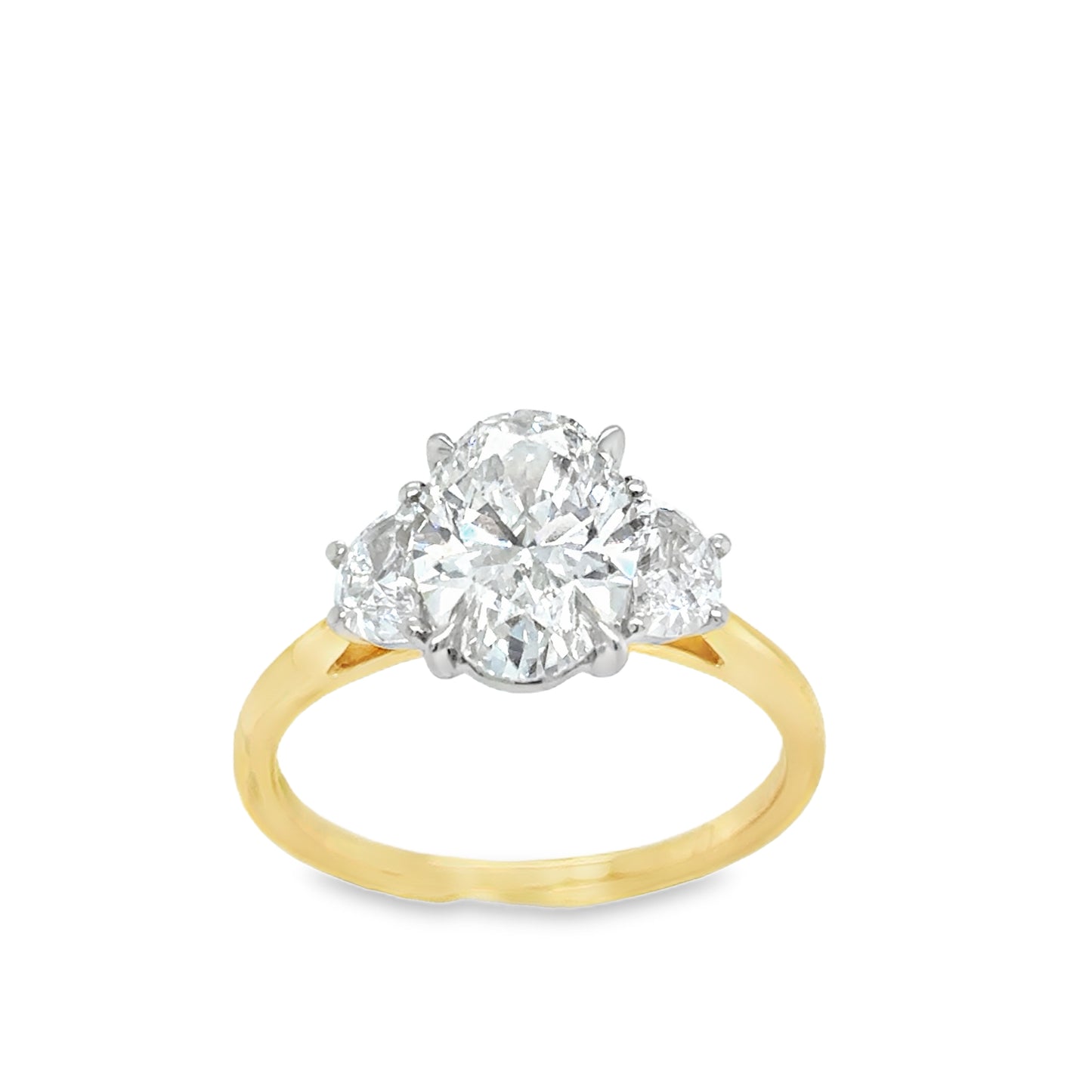 18ct Yellow Gold Three Stone Oval and Demilune Shoulder Cultured Diamond Ring