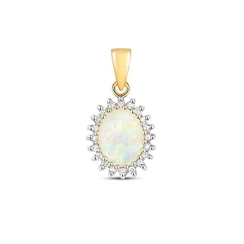 9ct Yellow Gold Oval Opal Pendant with Diamond Set Halo .10ct
