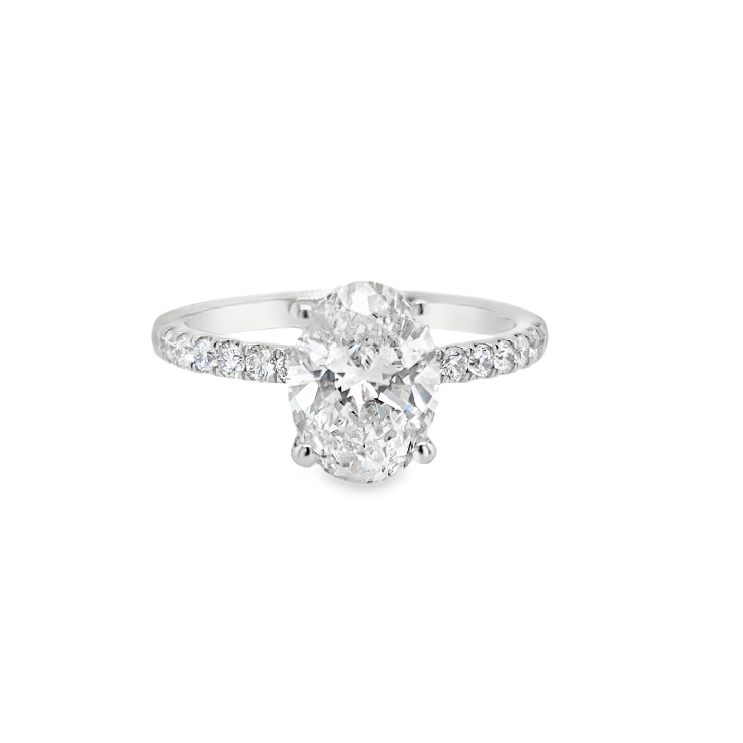 Platinum Oval Solitaire Cultured Diamond Ring with Cultured Diamond Set Shoulders and Gallery 2.49ct
