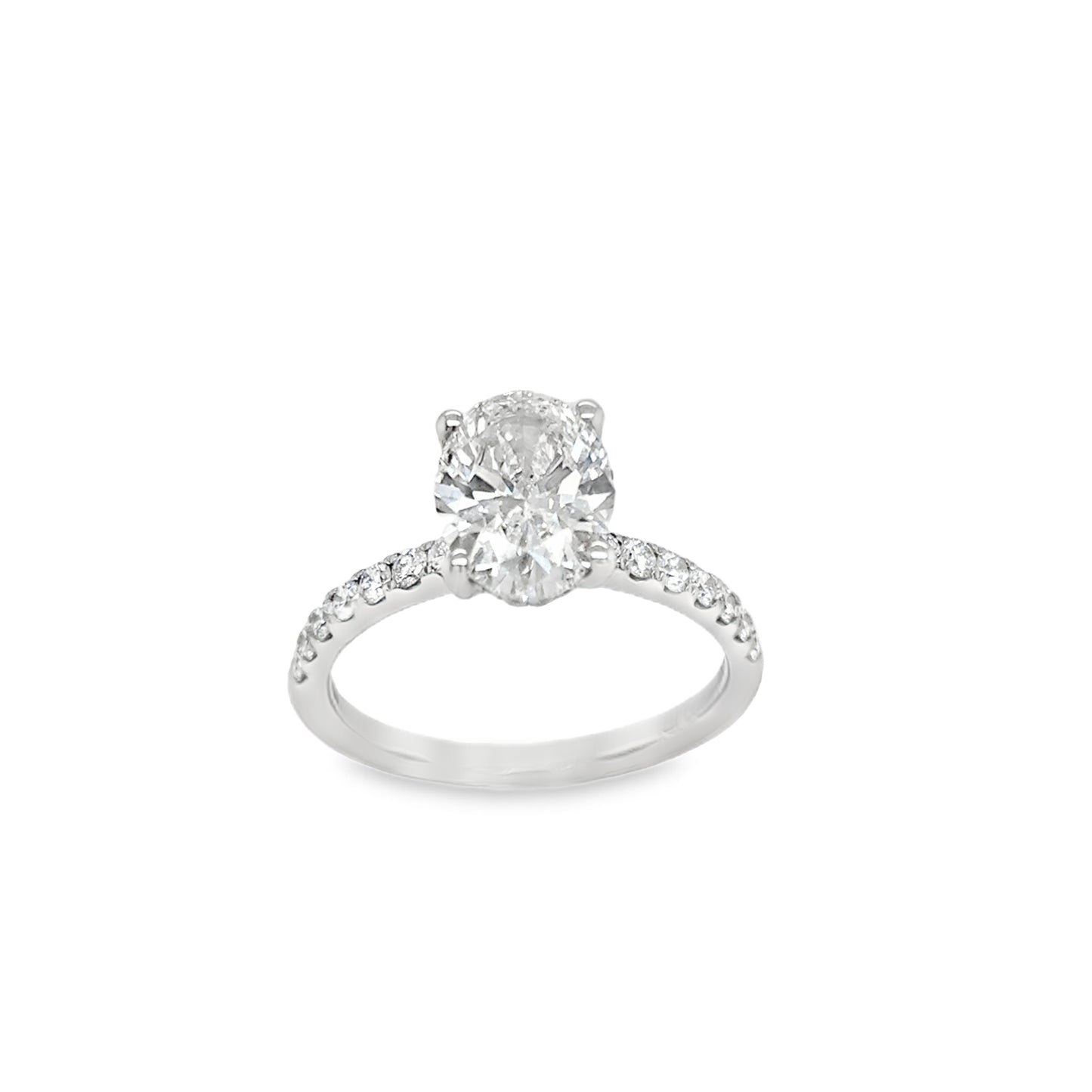 Platinum Oval Solitaire Cultured Diamond Ring with Cultured Diamond Set Shoulders and Gallery 2.49ct