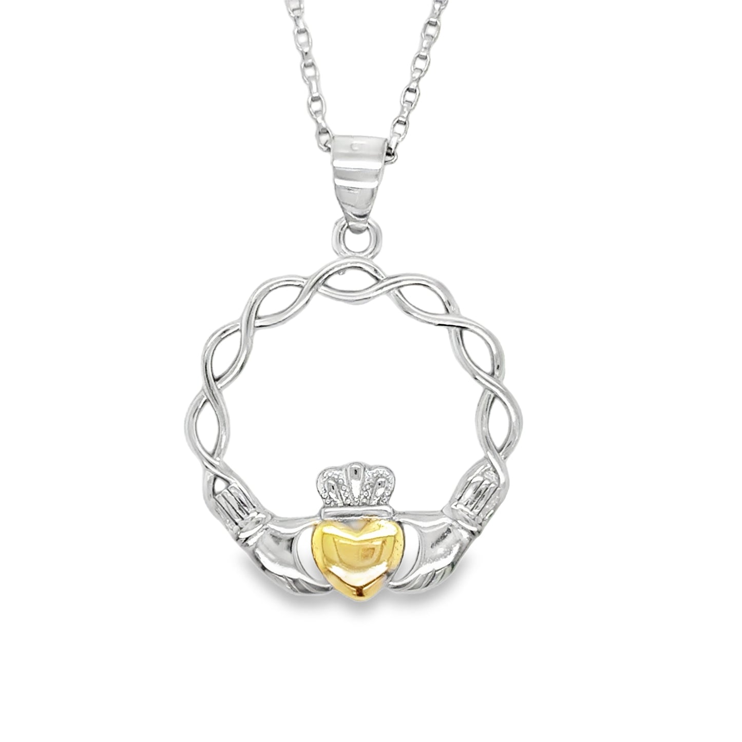 Sterling Silver Large Open Woven Claddagh With Gold Plated Heart