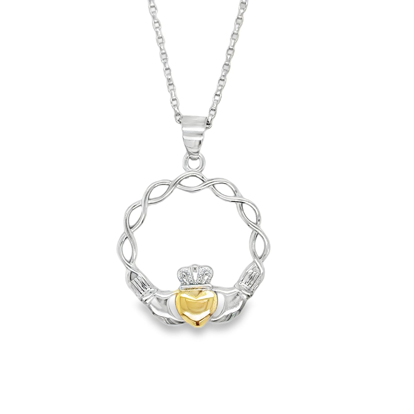 Sterling Silver Large Open Woven Claddagh With Gold Plated Heart