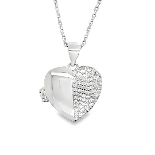 Sterling Silver CZ & Polished Split Heart Locket