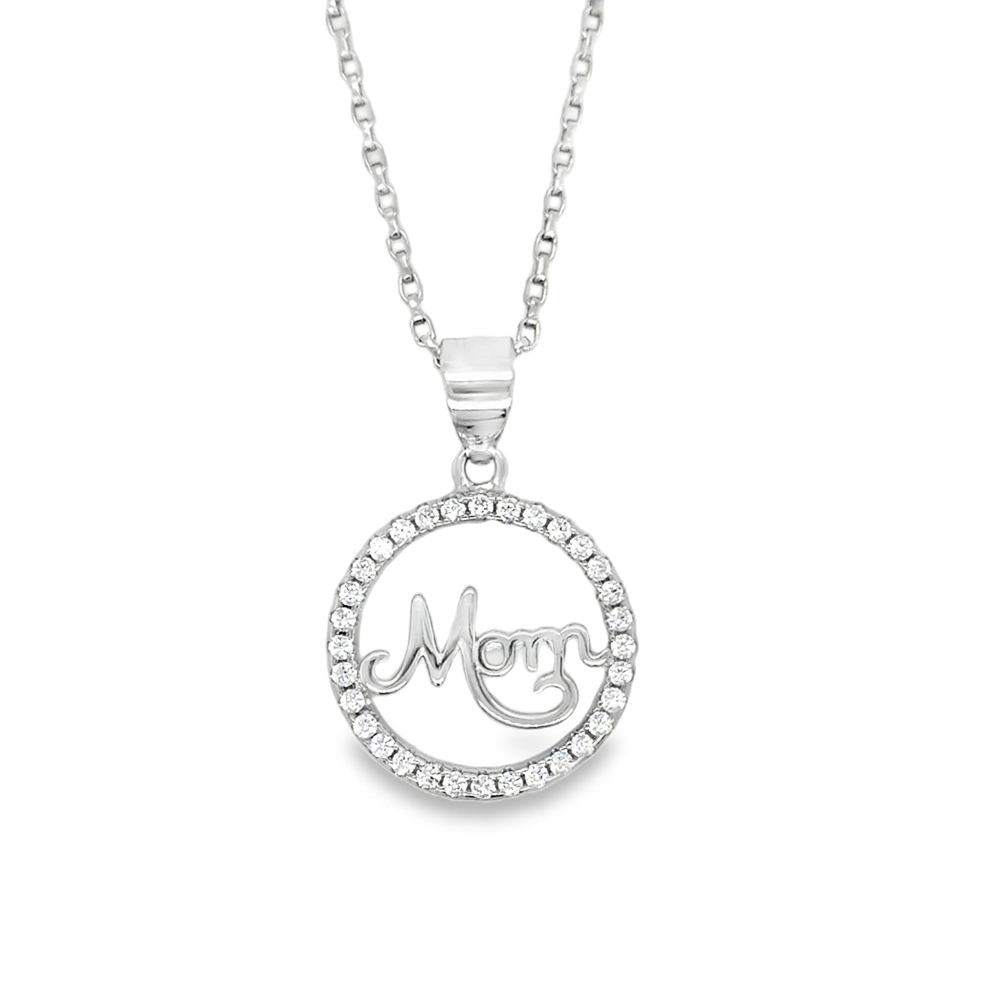 Sterling Silver CZ 'Mom' Circle Pendant