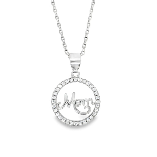 Sterling Silver CZ 'Mom' Circle Pendant