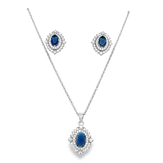 Sterling Silver CZ Oval Blue Antioque Style Pendant And Earring Set
