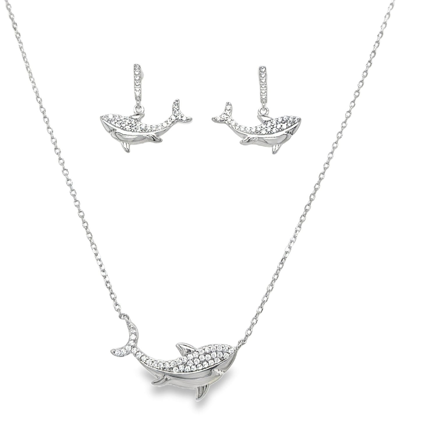 Sterling Silver Cubic Zirconia Whale Pendant And Earring Set