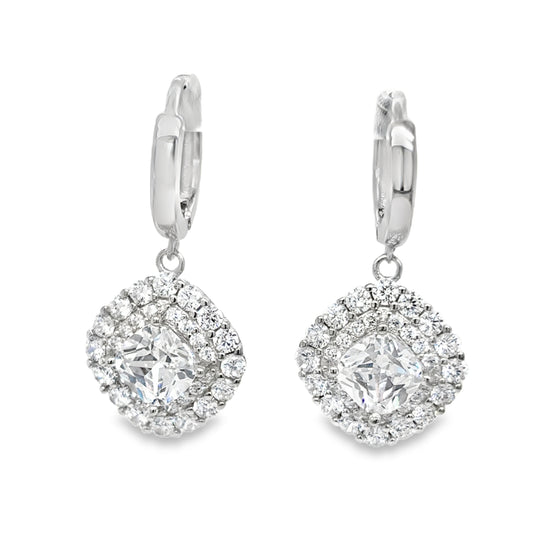 Sterling Silver CZ Square Double Halo Drop Earrings