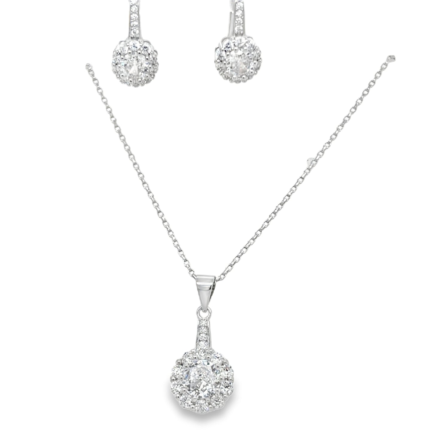 Sterling Silver Cubic Zirconia Flower Cluster Pendant And Earring Set