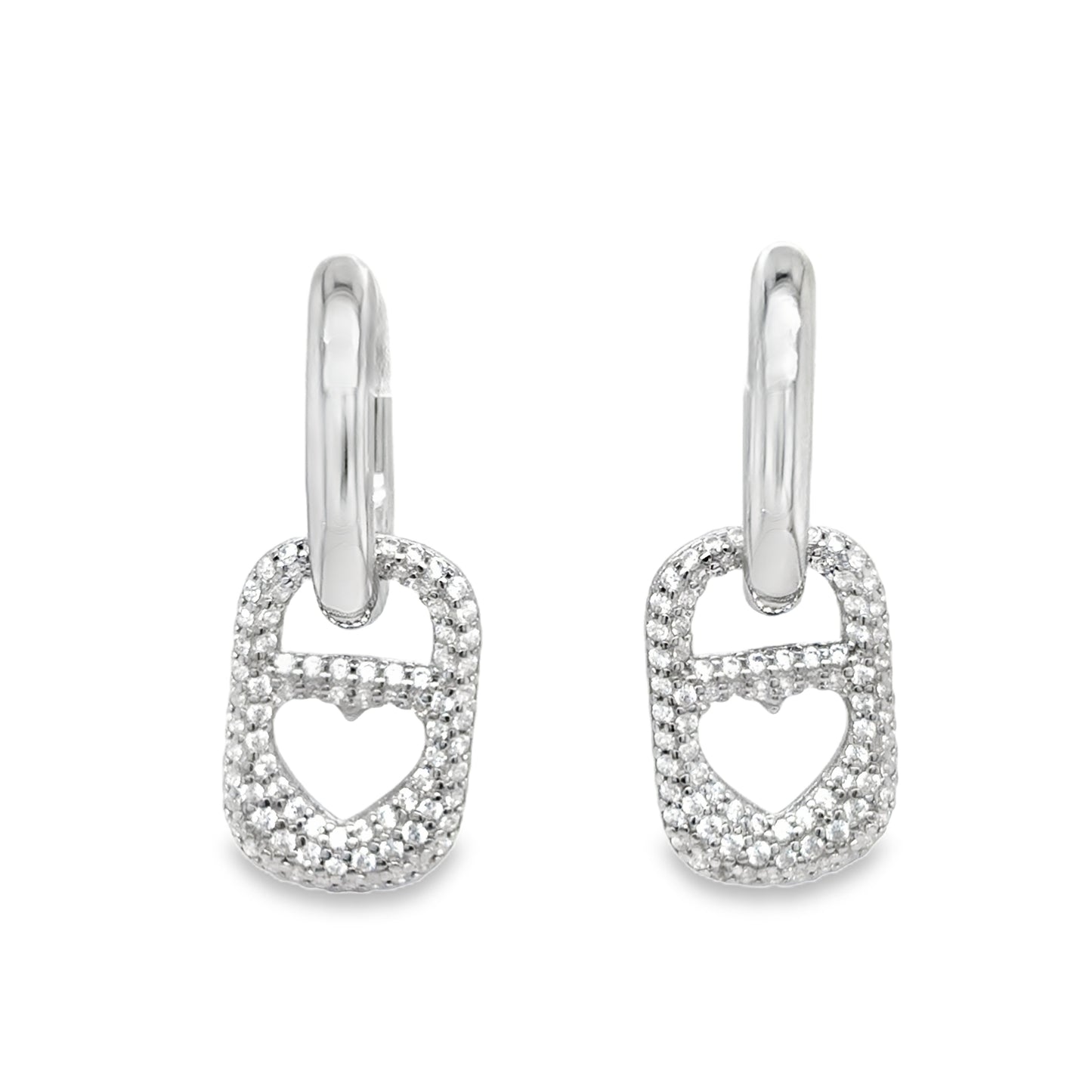 Sterling Silver CZ Pave Heart Tab Drop Earrings
