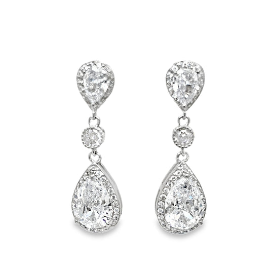 Sterling Silver CZ Pear Halo Drop Earrings