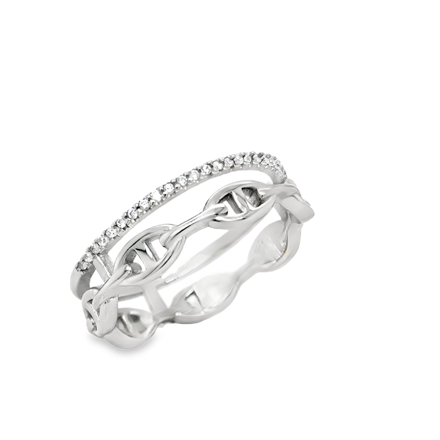 Sterling Silver Ring Anchor Link & CZ Open Double Row Ring
