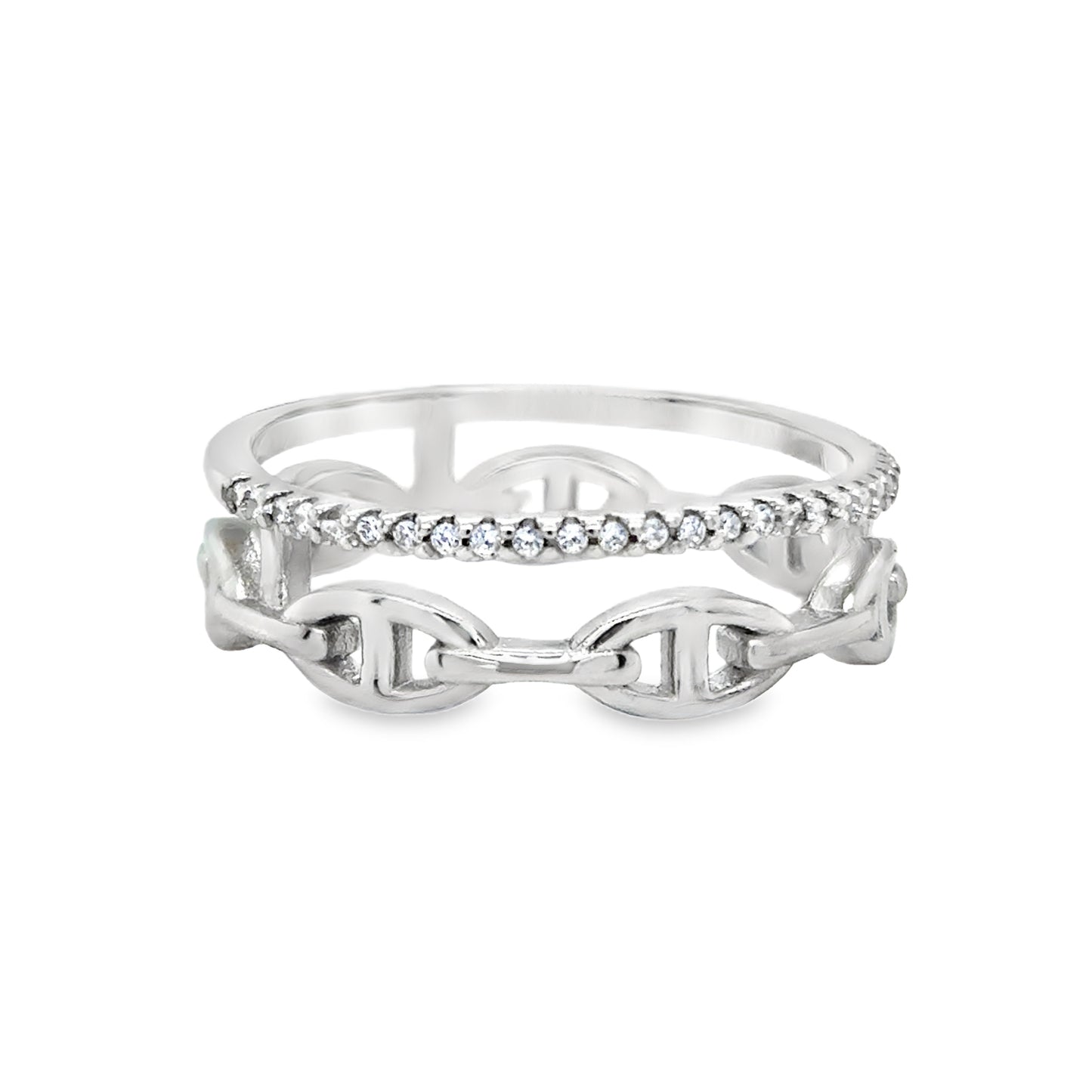 Sterling Silver Ring Anchor Link & CZ Open Double Row Ring