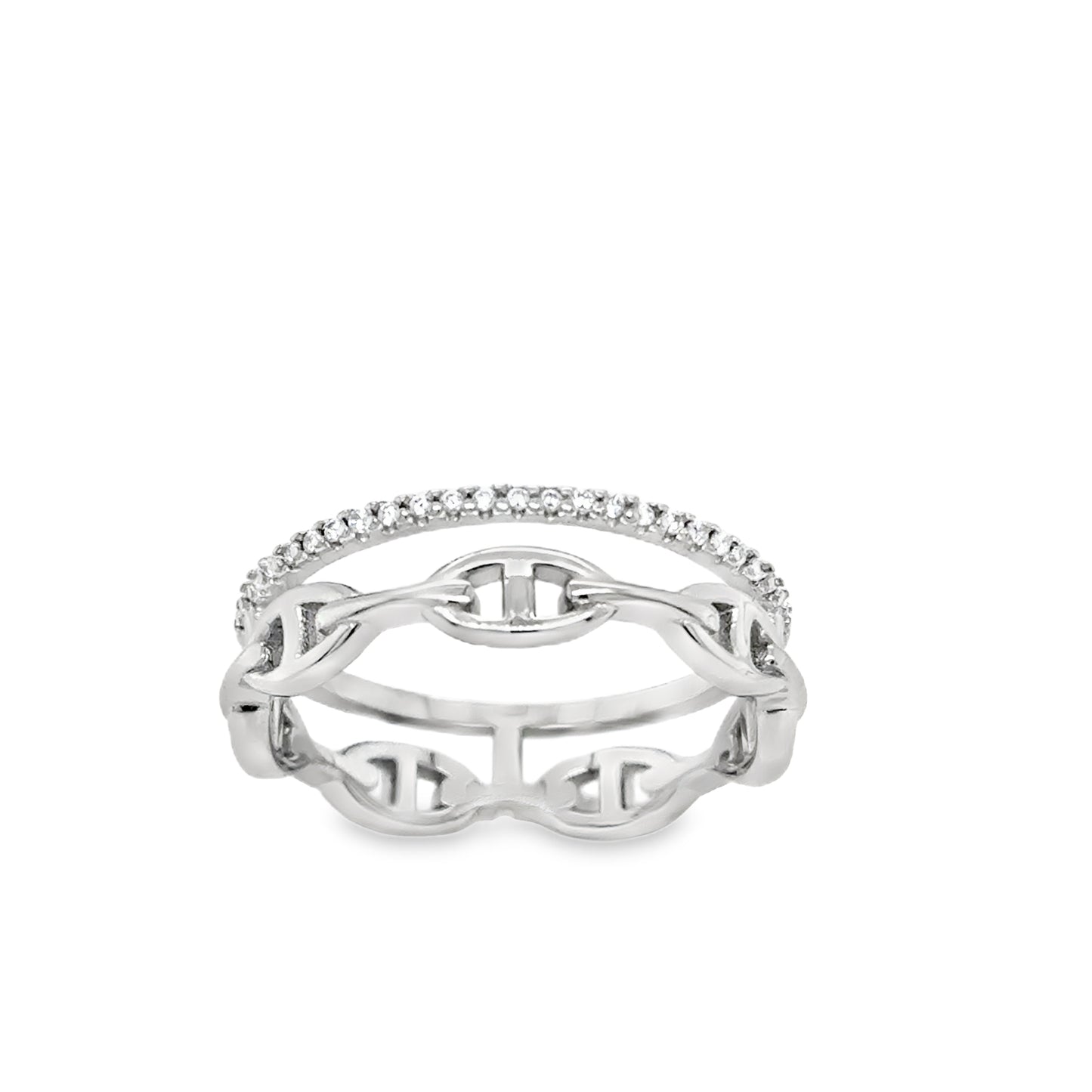 Sterling Silver Ring Anchor Link & CZ Open Double Row Ring