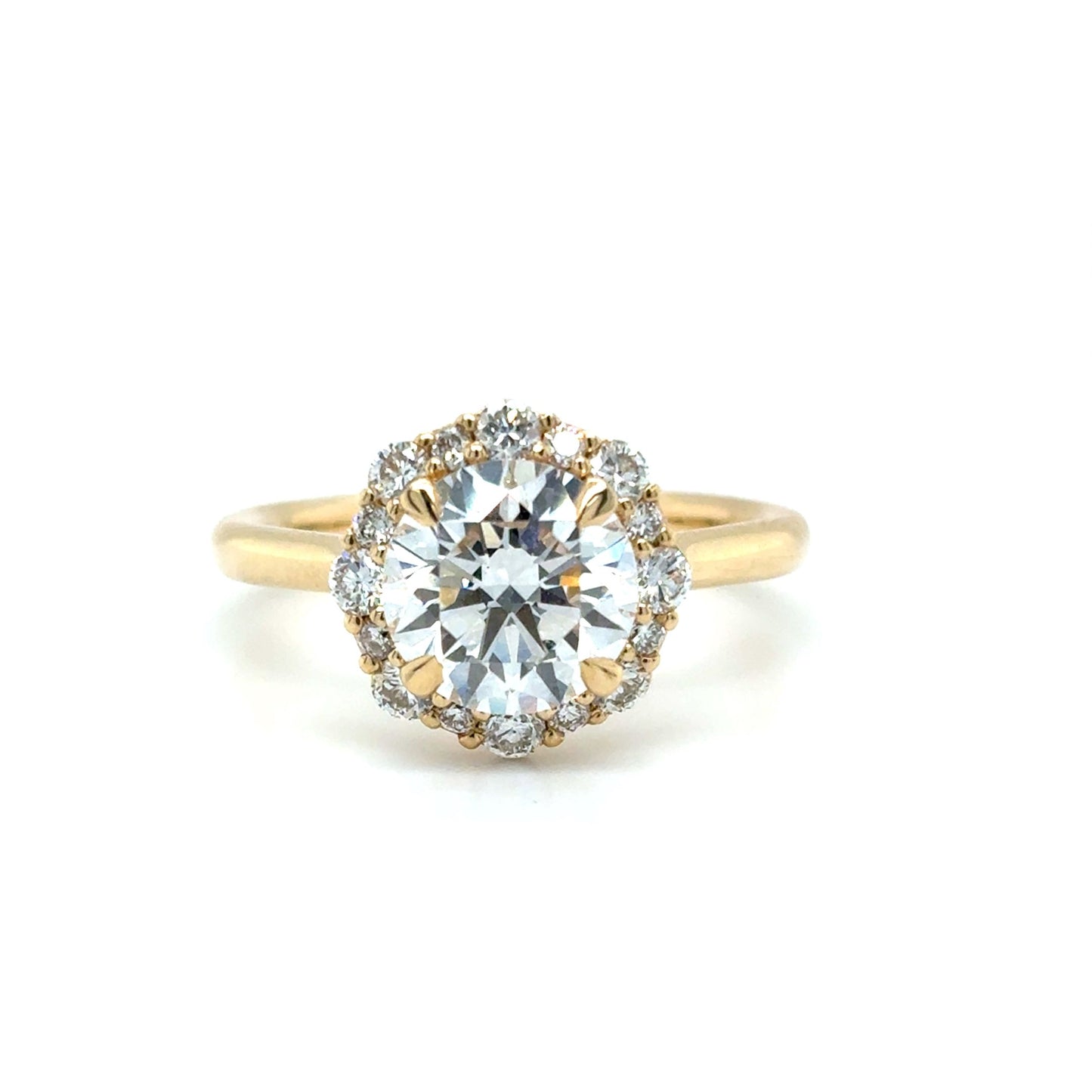 9ct Yellow Gold Round Brilliant Solitaire Diamond Ring with Fancy Diamond Set Halo 2.48ct