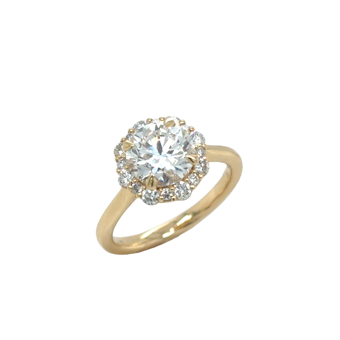 9ct Yellow Gold Round brilliant Cultured Diamond Ring with Cultured Diamond Set Flower Halo 2.34ct