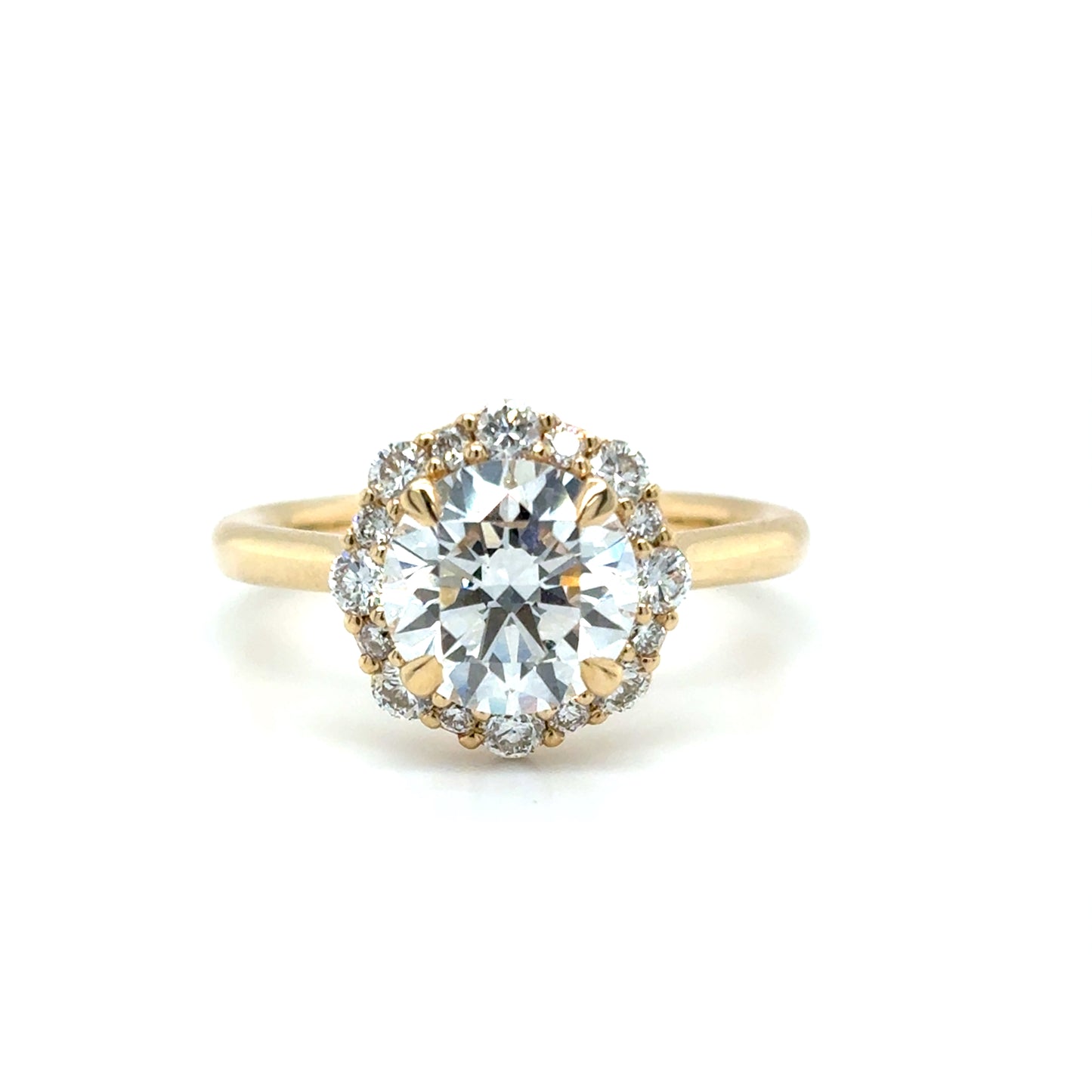 9ct Yellow Gold Round brilliant Cultured Diamond Ring with Cultured Diamond Set Flower Halo 2.34ct