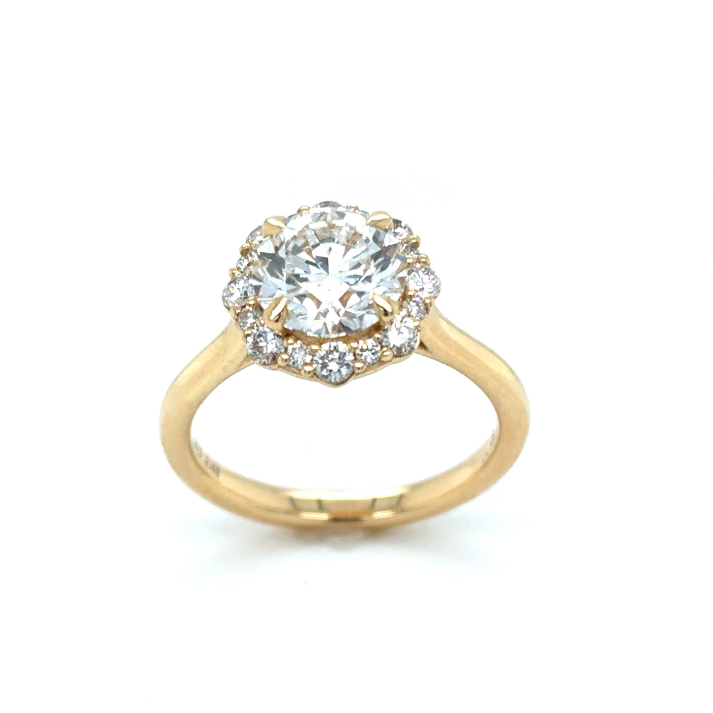 9ct Yellow Gold Round brilliant Cultured Diamond Ring with Cultured Diamond Set Flower Halo 2.34ct
