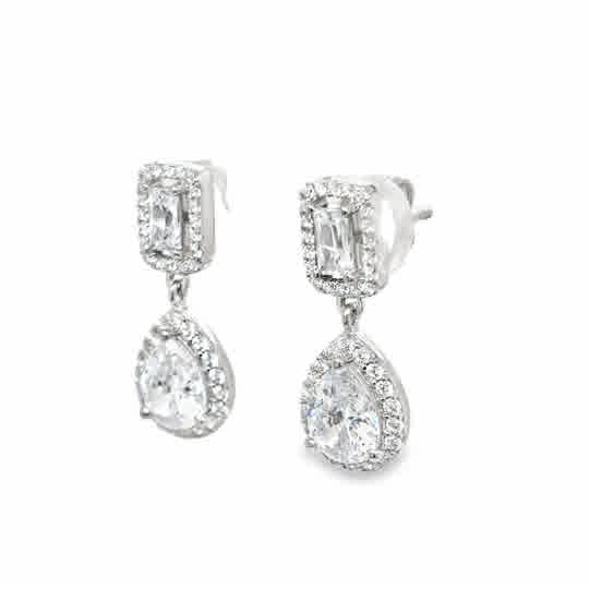 Sterling Silver Emerald Cut Cluster Pear Drop CZ Earring