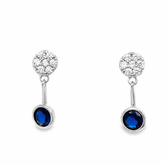 Sterling Silver Pave CZ Earring with Blue CZ Drop