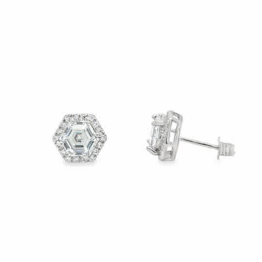 Sterling Silver CZ Solitaire Earrings with Octagonal CZ Halo