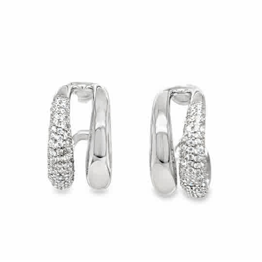 Sterling Silver Pave CZ and Polished Double Huggy Earrings