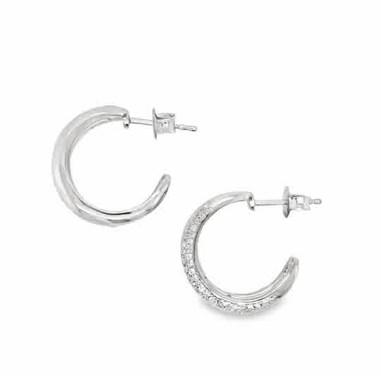 Sterling Silver Pave CZ and Polished Double Huggy Earrings