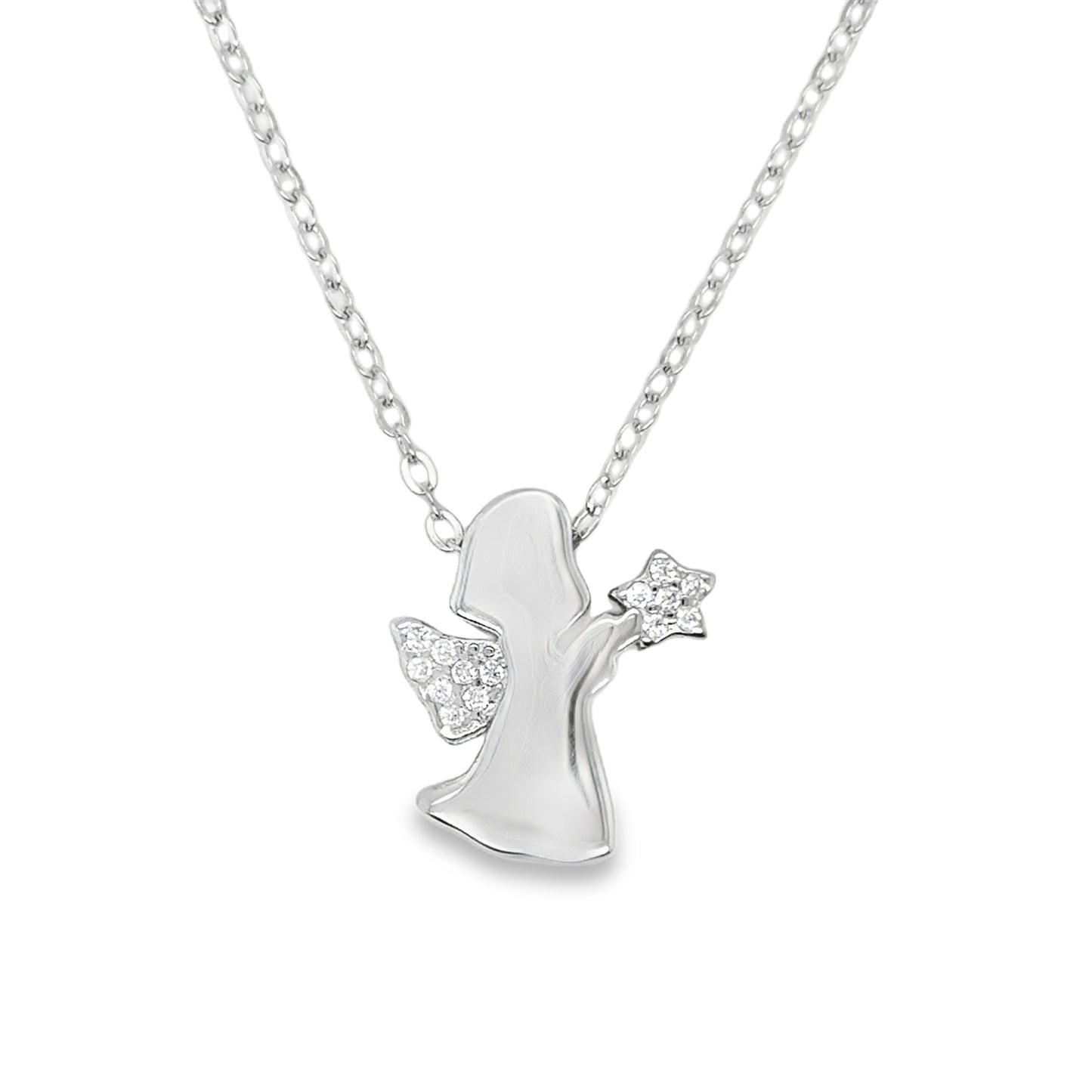 Sterling Silver CZ and Polished Angel Necklet