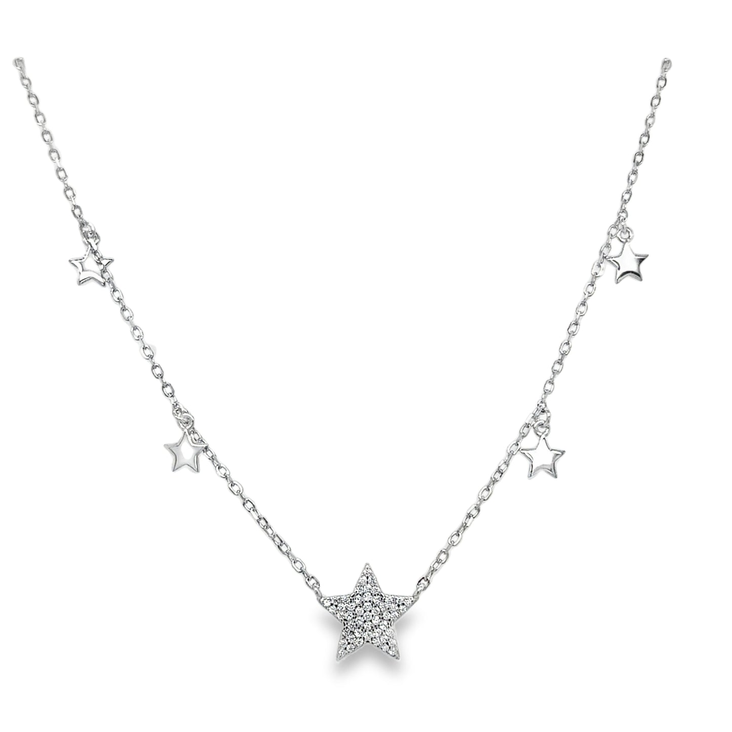 Sterling Silver Pave CZ Star Scatter Necklet