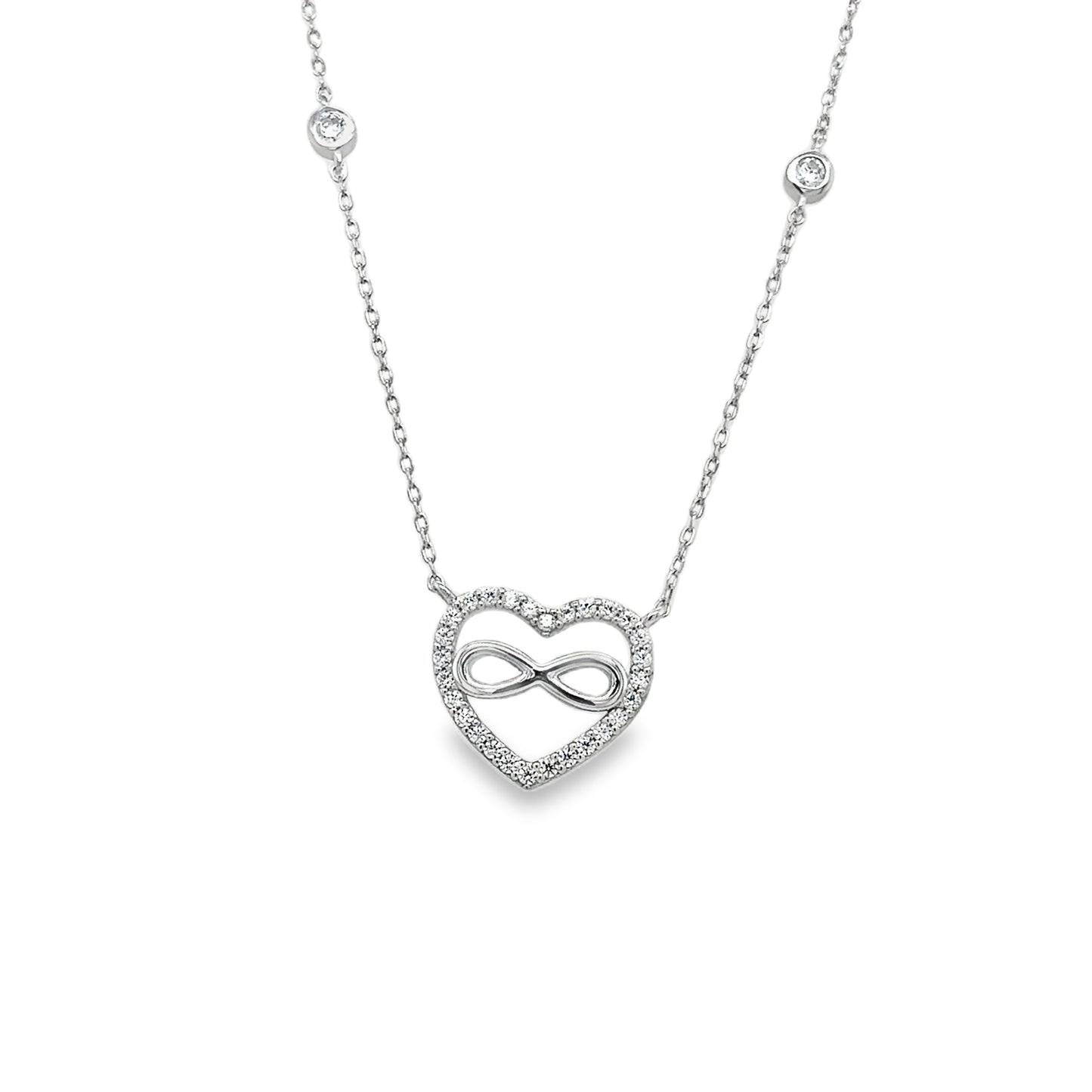 Sterling Silver CZ and Polished Heart Necklet with Scatter Rubover CZ