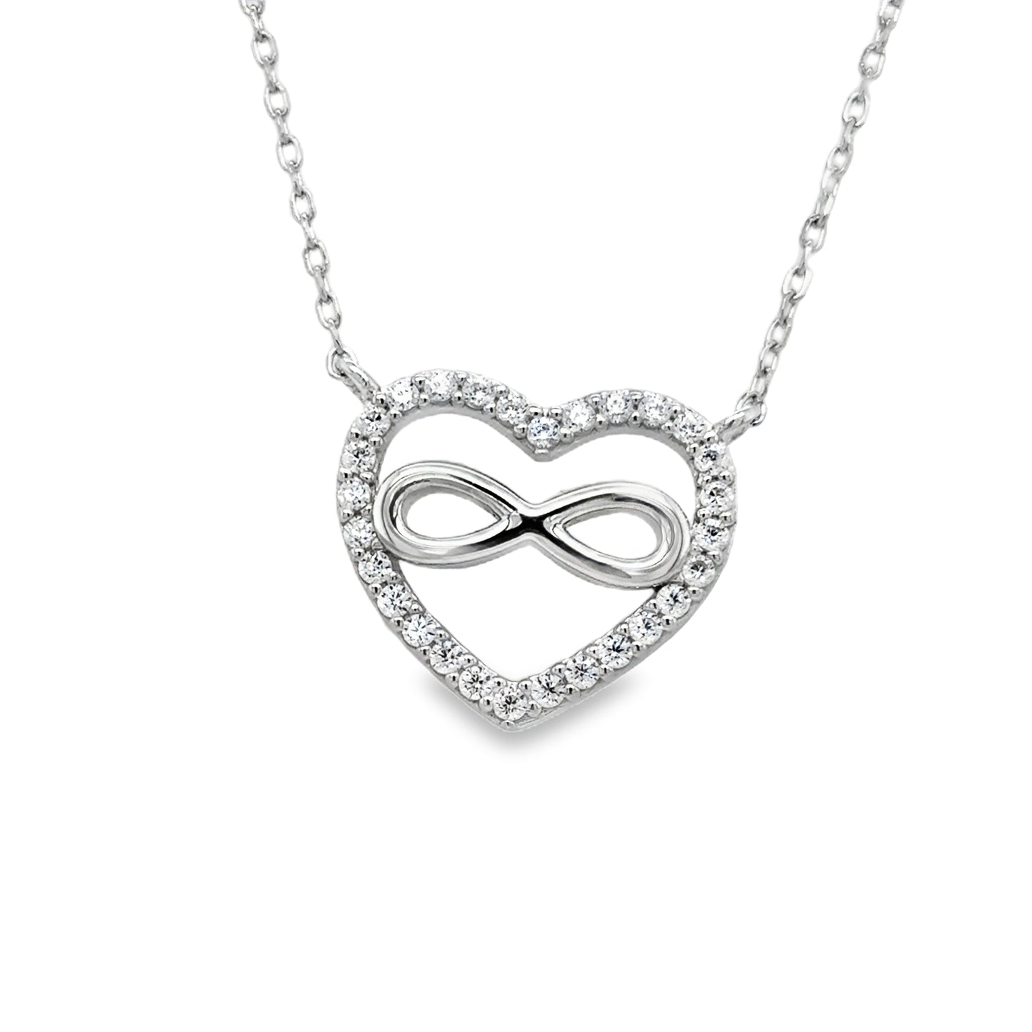 Sterling Silver CZ and Polished Heart Necklet with Scatter Rubover CZ