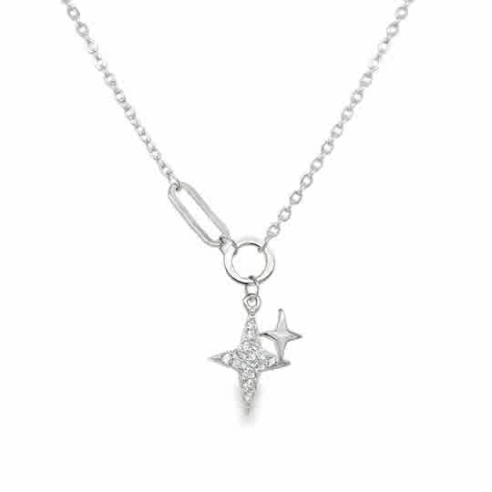 Sterling Silver Pave CZ and Polished Star Necklet