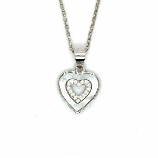 Sterling Silver CZ and Mother of Pearl Open Heart Pendant